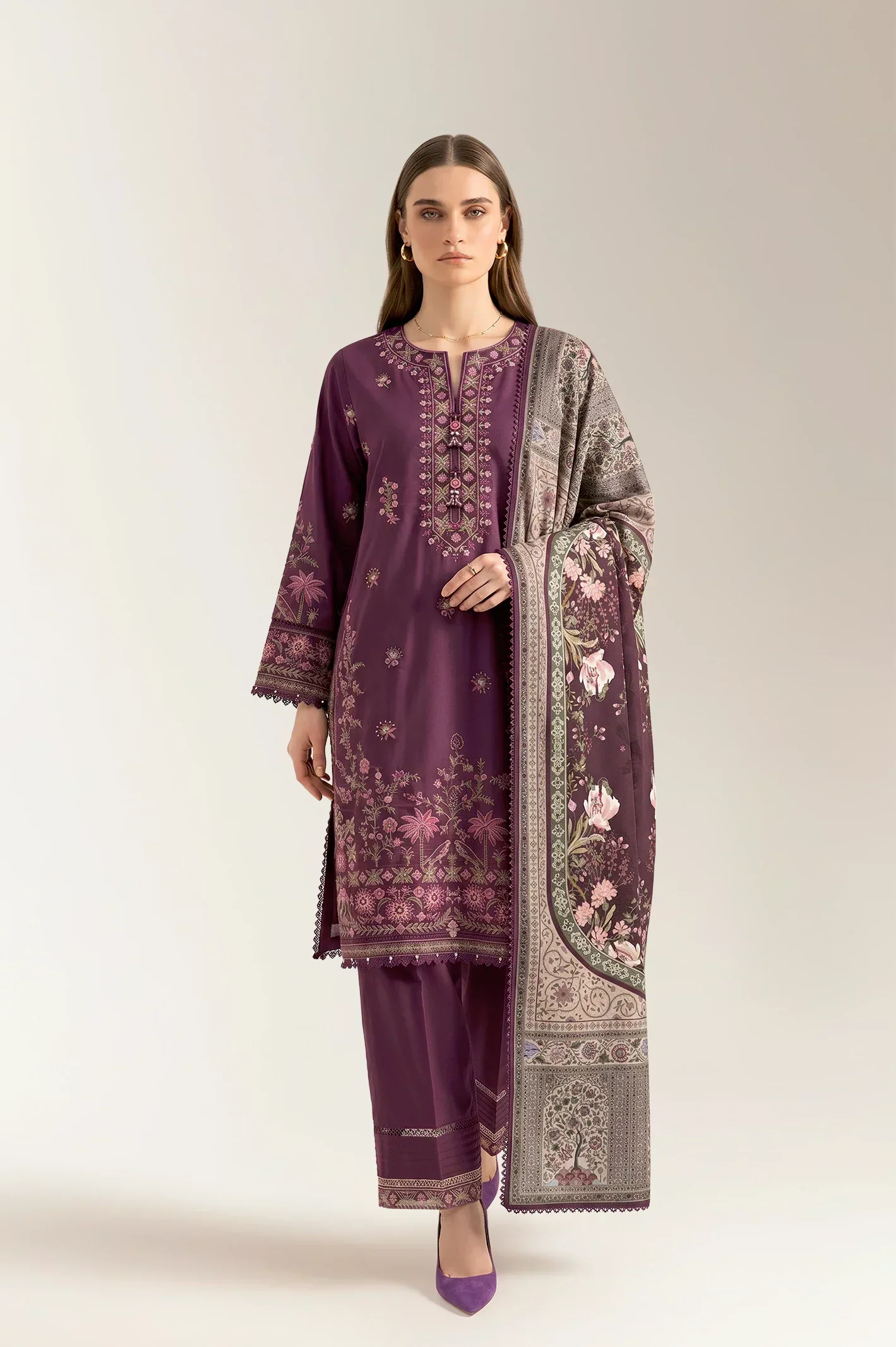 Embroidered Cambric-Magenta Unstitched 3PC