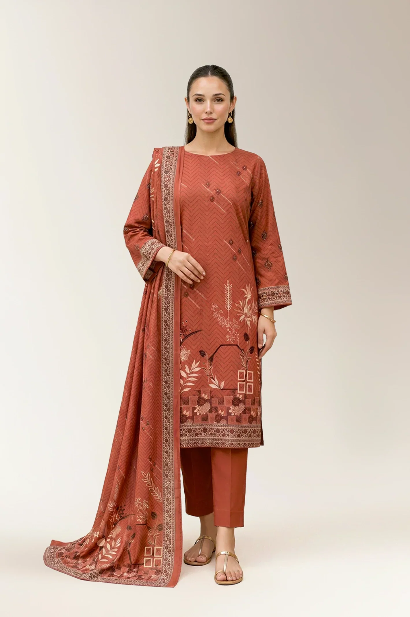 Printed Lawn-Rust Unstitched 3PC