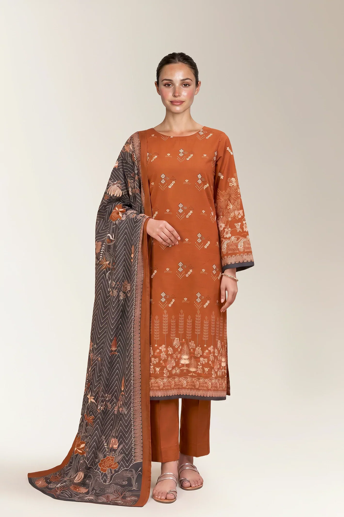Printed Lawn-Light Brown Unstitched 3PC