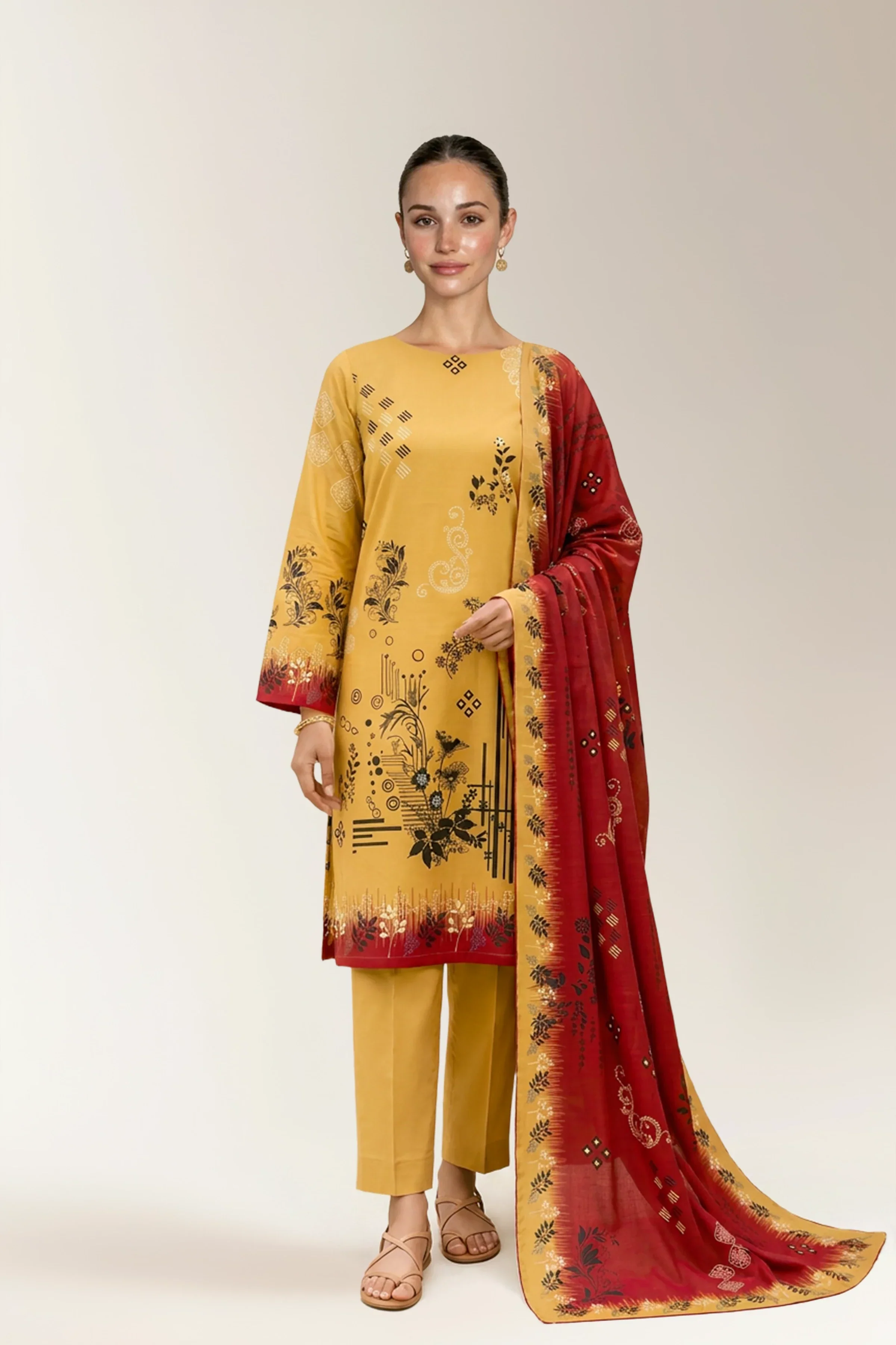Printed Lawn-Yellow Unstitched 3PC