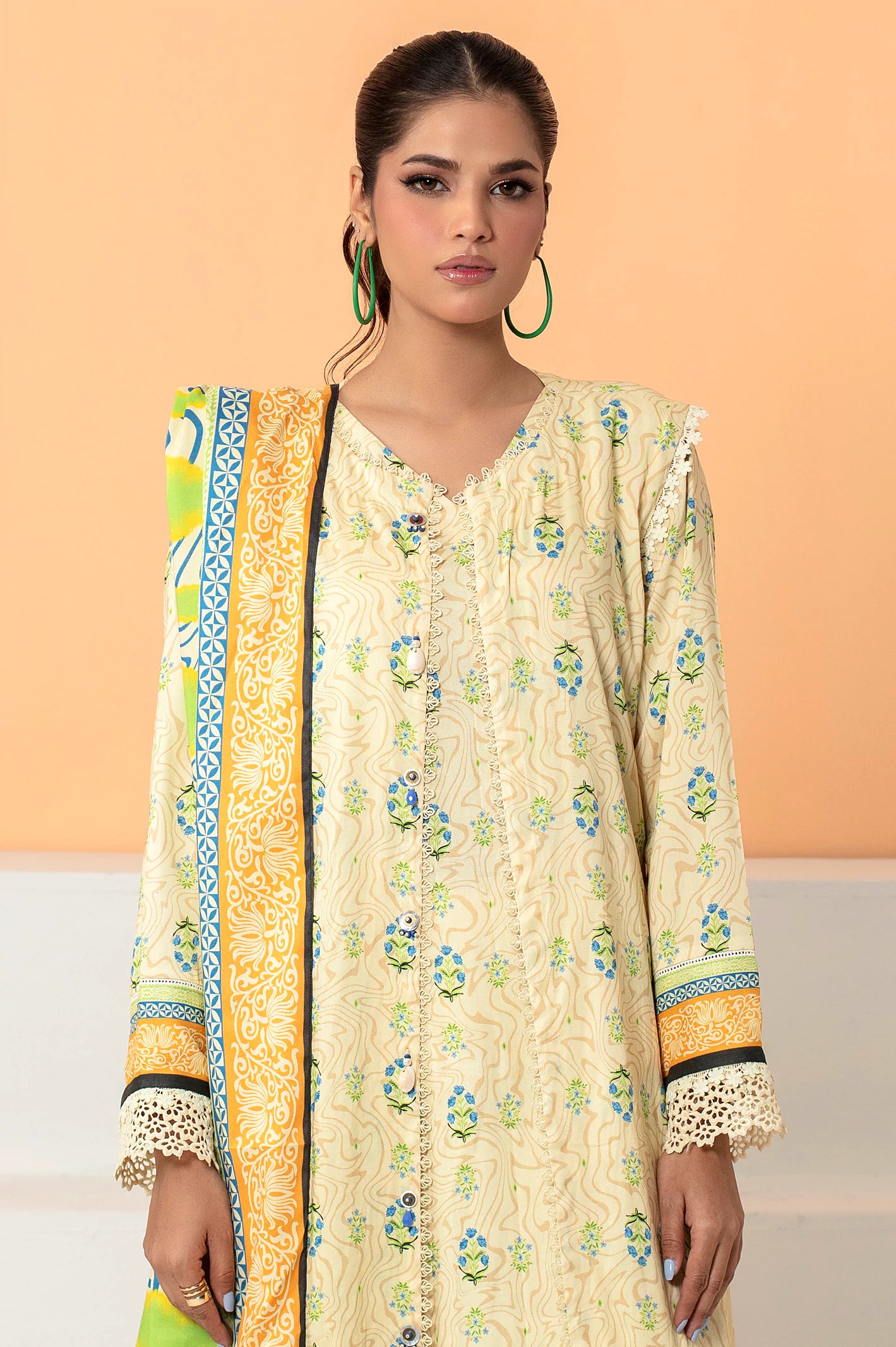 Cream Printed Unstitched Shirt & Dupatta - Image 2