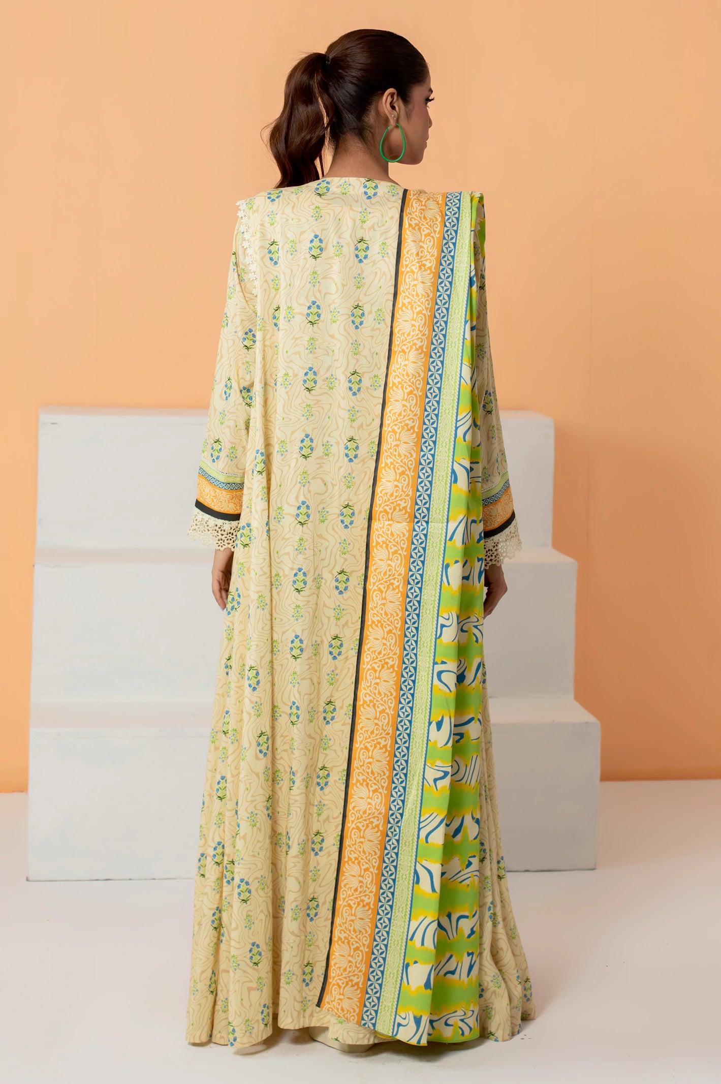 Cream Printed Unstitched Shirt & Dupatta - Image 3